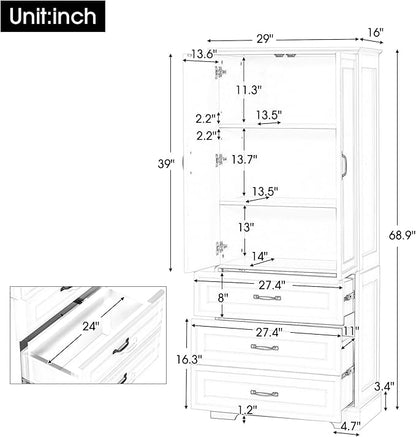 Favfurish 69" Tall Bathroom Storage Cabinet with Doors and 2 Drawers,Modern Linen Cabinets w/Adjustable Shelf & Magnetic Door Stopper,Freestanding Organizer for Dining Room,Kitchen,Office,White