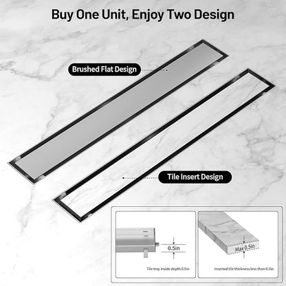 Linear Shower Drain, 304 Stainless Steel with Adjustable Leveling Feet, Hair Strainer,Reversely Install Place to Create an Invisible Floor Drain - Silver -48-Inch