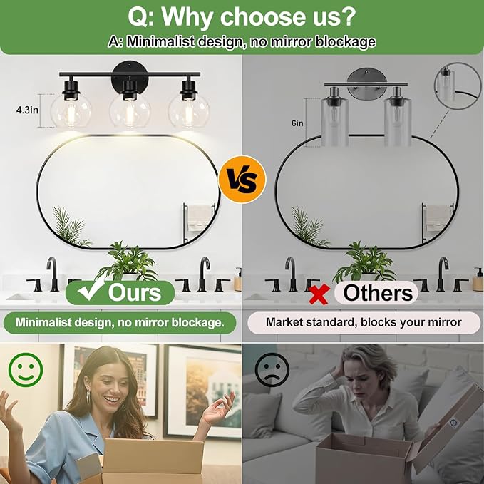 2025 Upgrade 3-Light Bathroom Light Fixtures, Black Bathroom Lights Over Mirror with Clear Glass Globe Shade, Vanity Lights for Bathroom Kitchen Living Room Hallway Cabinet Bedroom Porch.