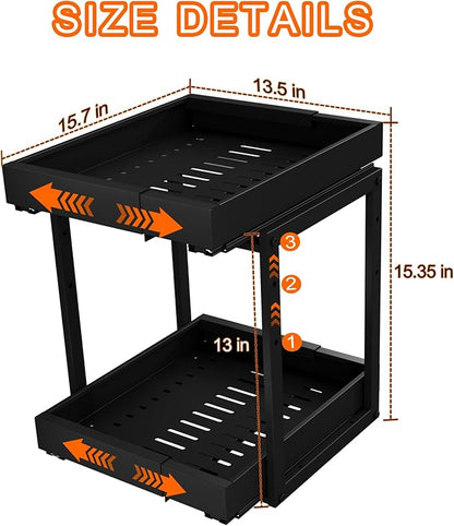 Golener 2-Tier Expandable Pull Out Cabinet Organizer - Pull-Out Drawers for Kitchen Cabinets, 2 Slide Home Storage Organizers, Slide Out Shelves for Base Cabinet Organization in Kitchen, Black Metal