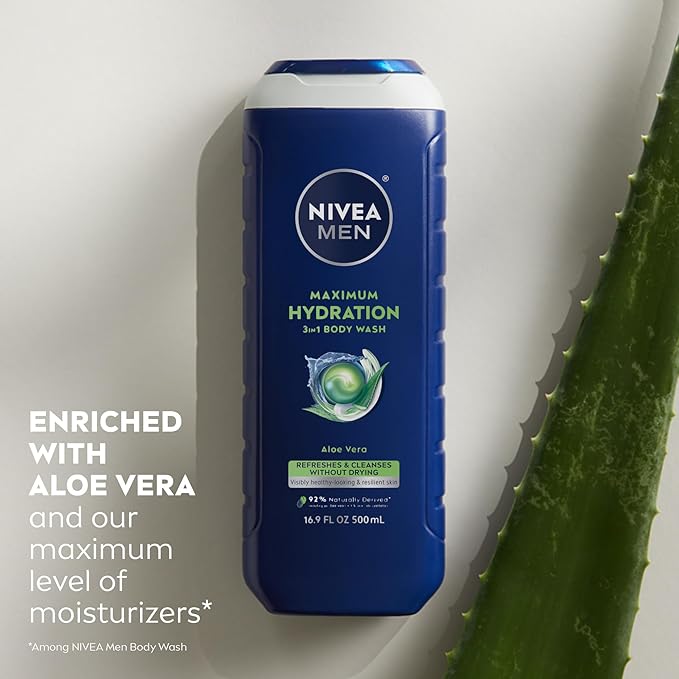 NIVEA MEN Maximum Hydration Body Wash for Dry Skin, Aloe Vera Enriched, 3-in-1 Moisturizing Body Wash, Face and Hair, Paraben Free, Vegan Formula, 16.9 Fl Oz Bottle
