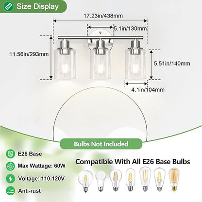 3-Light Bathroom Light Fixtures, Brushed Nickel Vanity Light, Farmhouse Wall Lights with Clear Glass Shade, Bathroom Wall Lamp for Mirror Kitchen Bedroom Hallway Living Room Hallway Cabinet
