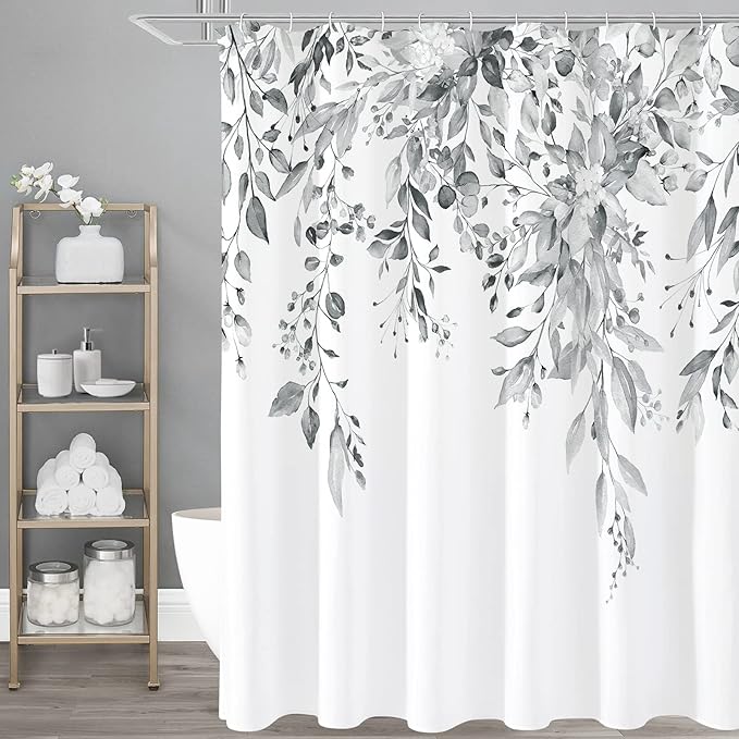 Gibelle Long Shower Curtain 72 x 78, Grey Floral Shower Curtain for Bathroom, Watercolor Plant Eucalyptus Leaves Fabric Shower Curtain Set