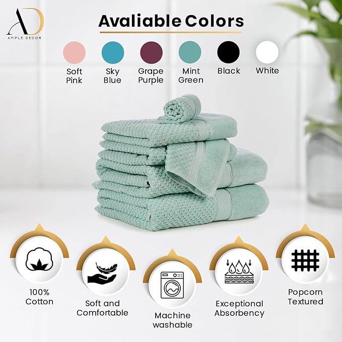 Ample Decor Bathroom Hand Towel 18 X 28 Inch 600 GSM 100% Cotton - Popcorn Textured Towel - 6Pcs Mint Green