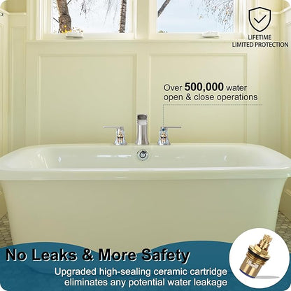 Brushed Nickel Tub Faucet Set 3 Hole, Brass Deck Mount Waterfall Bathtub Faucet Set, High Flow Widespread 6-16 Inch Roman Tub Faucets 2 Handle