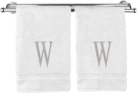 Monogrammed Hand Towel, Personalized Initial Gift, Extra Absorbent 100% Turkish Cotton - Soft Terry Finish - Set of 2 - Silver Block Initial W - Embroidered on White Towels