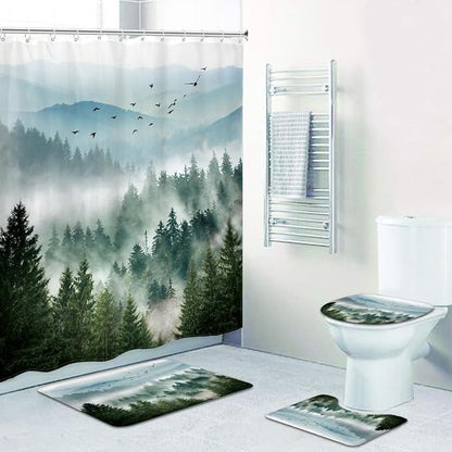 Riyidecor 4PCs Shower Curtain Sets Green Bathroom Curtain with Non-Slip Rugs Mountain Scenic Toilet Lid Cover and Bath Mat Tree Nature Woodland Waterproof 12 Hooks 72x72 inch Mens Bathroom Decor