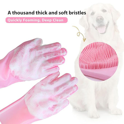 Dog Shampoo Brush, Dog Bath Brush, and Dog Washing Gloves | Essential Dog Bath Supplies and Pet Grooming Gloves for Dogs and Cats (1 Pair, Pink)