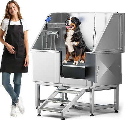 DWVO Professional Pet Dog Bathing Station for Grooming, 50'' Dog Grooming Bathtub with Right Staris, Floor Grate, Faucet, Showerhead & Soap Holder for Large, Medium & Small Pets