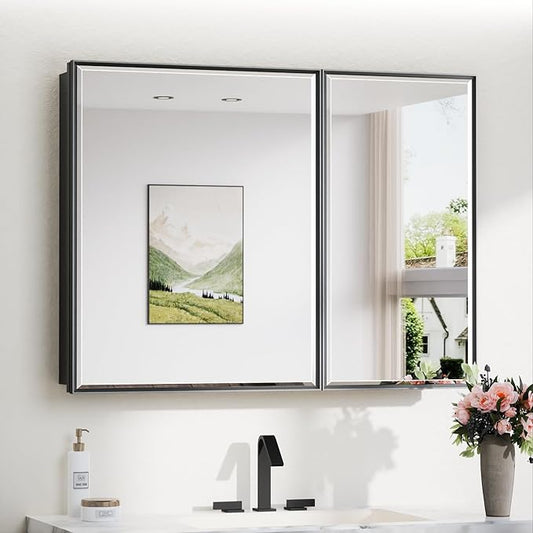 TokeShimi 40x30 Beveled Mirror with Storage Bathroom, Black Recessed Medicine Cabinet with Mirror Aluminum, Wall Mount Metal Recessed Medicine Cabinets for Bathroom
