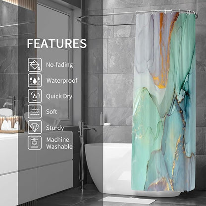 Gibelle Extra Long 72 x 84, Abstract Marble, Blue Green Purple Jade Texture Gold Stripes Ombre Watercolor Ink Art Fabric Curtains for Modern Bathroom Décor