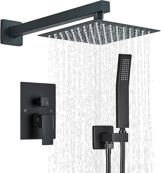 Shower Faucet Matte Black Shower System with 8 Inches Rain Shower Head and Handheld Spray Bathroom Luxury Rain Shower Faucet Set Complete Wall Mounted