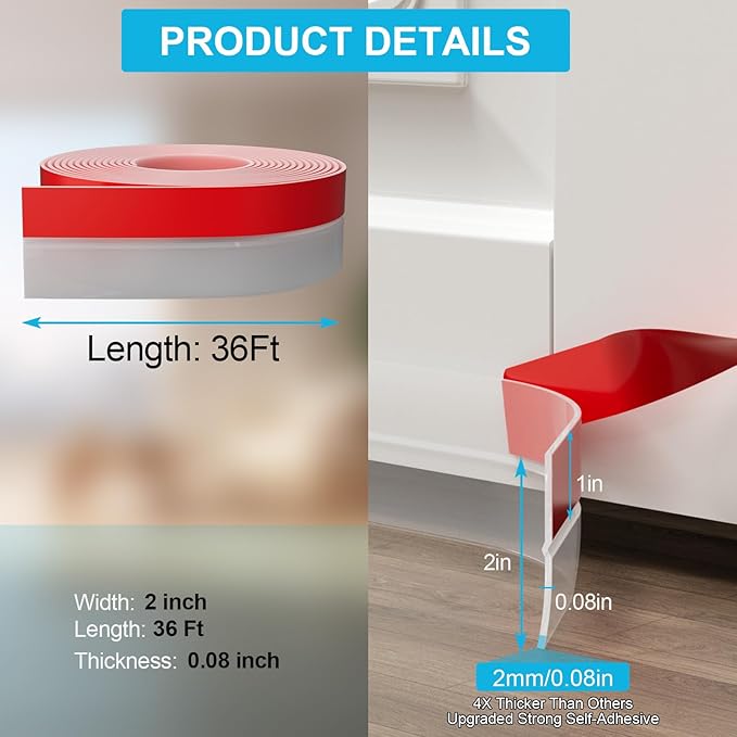 Heavy-Duty 2Inch (W) x 36FT(L) Door Weather Stripping, Extra Thick 2mm Door Draft Stopper Silicone Seal Strip, Draft Seal Tape for Doors Windows and Shower Glass Gap