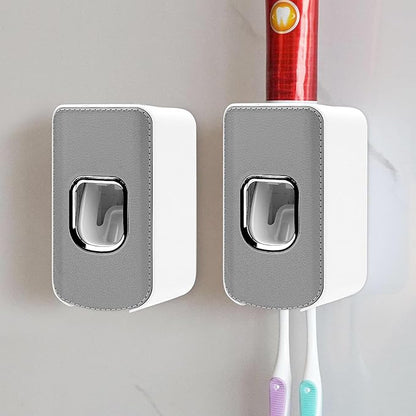 2 Slot Toothbrush Holder and Toothpaste Dispenser Wall Mounted, Automatic Toothpaste Squeezer, 2 in 1 Tooth Brush Toothpaste Organizer for Shower (Grey 2Pack)