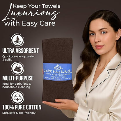 DAN RIVER 24 Pack Wash Cloths for Showering [12x12] - 100% Cotton Washcloths Premium Quality Flannel Face Cloths for Bathroom, Highly Absorbent and Soft Feel Wash Clothes, Brown