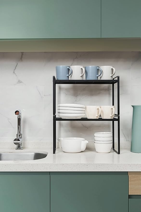 2Pack Kitchen Cabinet Shelf Counter Organizer Rack Pantry Storage Bathroom Bedroom Office Table Desk Space Saving Stackable Rust Resistant Non Slip Black Tall Wide L16.1in W10.6in H9.5in