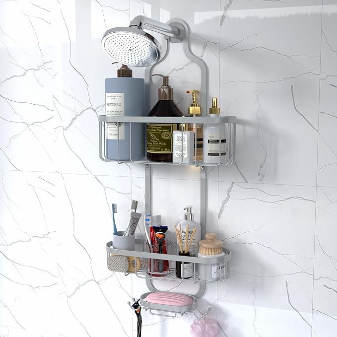 Kadolina Bathroom Hanging Shower Organizer, Over Head Shower Caddy Shower Storage Rack Basket with Hooks for Razor and Sponge Rustproof, Silver [Patented]