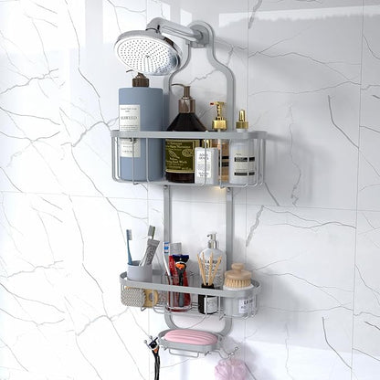 Kadolina Bathroom Hanging Shower Organizer, Over Head Shower Caddy Shower Storage Rack Basket with Hooks for Razor and Sponge Rustproof, Silver [Patented]