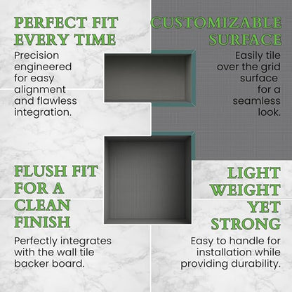 Shower Niche Insert Tile Ready, Recessed Wall Niche, Shower Inserts Kit for Bathroom Wall, Recessed Shelf Insert, Lightweight, Grid Surface for Easy Tile Application, Small Rectangle, 14x8 Inches