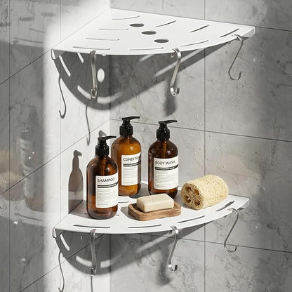 XIHLZYEH Corner Shower Shelves, 2 Pack 304 Stainless Steel Shower Shelf with 6 Hooks 40 lbs Heavy Duty, Durable Wall Mounted Organizer for Bathroom Drilling Installation（White