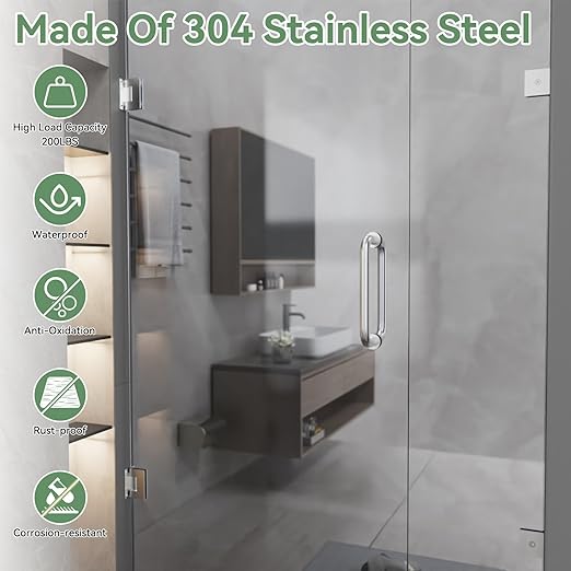 Shower Door Hardware Kit 304 Stainless Steel for 6/25"-1/2" (6mm-12mm) Tempered Glass, Hardware Accessories with 8" Handles Hinges Glass Clamp - Brushed Silver