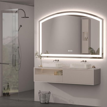 Hasipu 55" x 36" LED Bathroom Mirror Arch Vanity Mirror with Lights Frontlit Smart Touch Sensor Dimmable 3 Colors Temperature Shatterproof Wall-Mounted Vanity Mirror Metal Frame