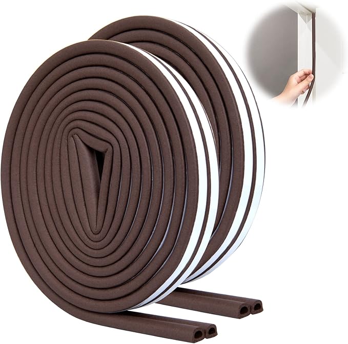 SUNMON Weather Stripping Door Seal Strip, 33Feet (10M) D-Type Soundproofing, Self Adhesive Foam Weatherstrip for Door and Window (Brown)