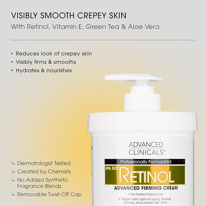 Advanced Clinicals Retinol Body Lotion & Face Moisturizer | Visible Anti Aging Skin Care Retinol Body Cream For Women & Men Targets Look Of Fine Lines, Wrinkles & Crepe Looking Dry Skin, 16OZ, 2-Pack