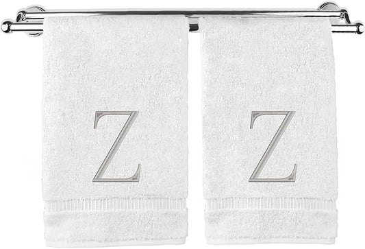 Monogrammed Hand Towel, Personalized Initial Gift, Extra Absorbent 100% Turkish Cotton - Soft Terry Finish - Set of 2 - Silver Block Initial Z - Embroidered on White Towels