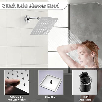 Bathroom Rainfall Shower System Wall Mount 8 Inch Shower Head With Handled Spray 6 Pcs jets Temperature Display Shower Faucet Set (Chrome)