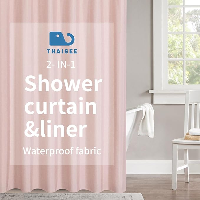 2-in-1 Waterproof Fabric Shower Curtain or Liner,Linen Textured,Breathable TPU & Washable Bathroom Shower Curtain Set with 12 Plastic Hooks,Modern,72"x72" Blush
