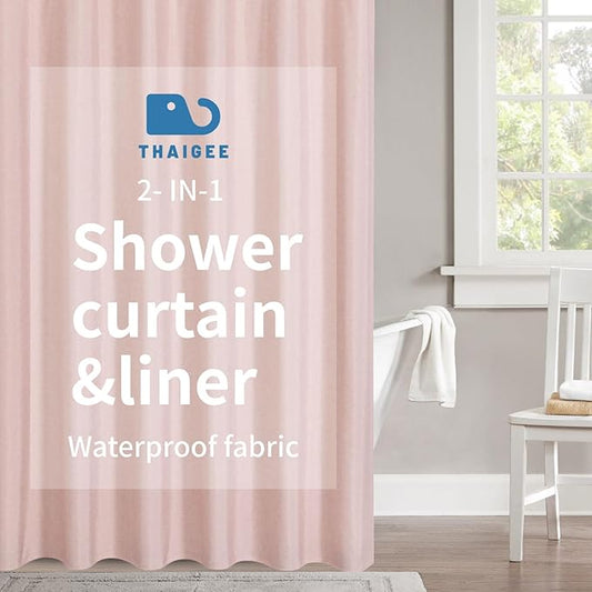 2-in-1 Waterproof Extra Long Fabric Shower Curtain or Liner,Linen Textured,84 Inch Breathable TPU & Washable Bathroom Shower Curtain Set with 12 Plastic Hooks,Modern,72"x84" Blush