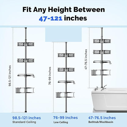 HAMITOR Corner Shower Caddy Tension Pole: Quick Installation 4-Tier Rustproof Bathroom Organizer Shelves for Bathtub Shampoo Storage - 47-121 inch Adjustable Floor Standing Bath Rack Holder Gray