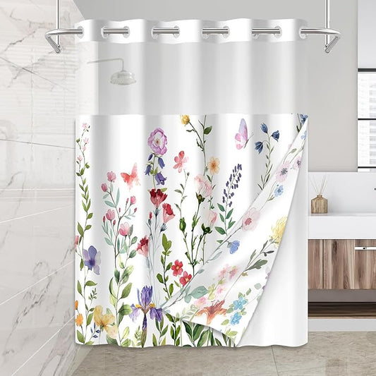 No Hook Shower Curtain Set with Snap in Fabric Liner for Bathroom,with See Through Top Window,Double Shower Curtain with Detachable Liner Replacement,Machine Washable,Garden,71"x 74"