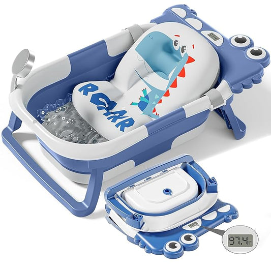 TPN Collapsible Baby Bathtub, Baby Bath Tub with Soft Cushion & Real-Time Thermometer, Baby Bathtub Infant to Toddler Tub (0-36 Months), Portable Travel Baby Tubs for Newborns (Blue)