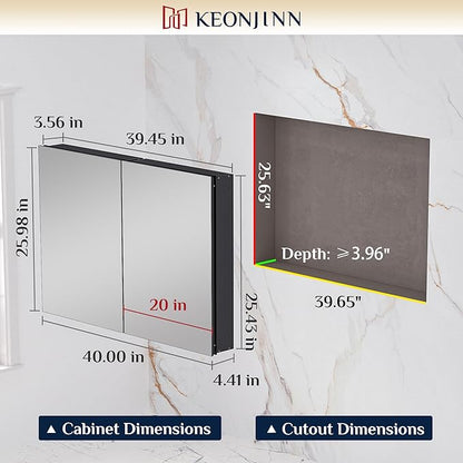 Keonjinn 40 x 26 Inch Medicine Cabinet, Assembly Required, Black Bathroom Medicine Cabinets Mirror, Lightweight, Adjustable Shelves, Surface Mount or Recessed, Tempered Glass