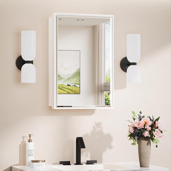 TokeShimi 16 x 24 Recessed Medicine Cabinet with Mirror Surface Mounted, Aluminum White Medicine Cabinet with Mirror, Metal Beveled Bathroom Mirror with Storage