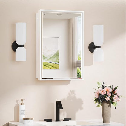 TokeShimi 16 x 24 Recessed Medicine Cabinet with Mirror Surface Mounted, Aluminum White Medicine Cabinet with Mirror, Metal Beveled Bathroom Mirror with Storage