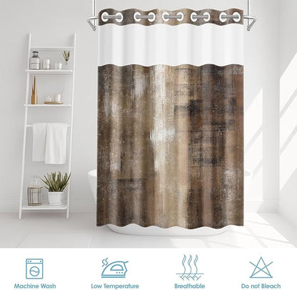 No Hook Brown Grey Painting Shower Curtain with Snap in Fabric Liner Set, Vintage Beige Double Layers Waterproof Fabric with See Through Top Window Open Grommet Bath Curtain 71x74 Inch