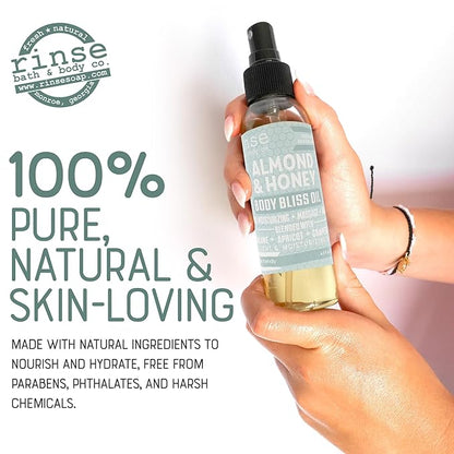 Rinse Bath & Body Almond & Honey Body Oil Moisturizer Spray - Natural Lightweight Fast Absorbing with Squalane, Grapeseed, Apricot & Vitamin E Oil for All Skin Types, 4 fl oz