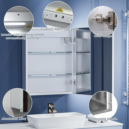 ExBrite Lighted Medicine Cabinet with Mirror, 20 x 26 Inch, Recessed or Surface led Medicine Cabinet, Defog, Stepless Dimming,Color Temperature Change,2 Outlets,Built-in 6000K Sensor Light,Right Hinge