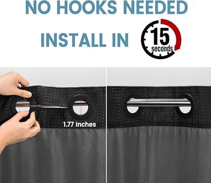 Stall No Hook Shower Curtain with Snap in Liner,230GSM Waffle Weave Shower Curtains for Bathroom,60W x 74H,Black