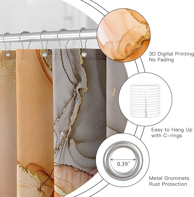 Orange Marble Shower Curtain, Burnt Orange Modern Abstract Fabric Shower Curtains for Bathroom, Luxury Art Ink Texture Watercolor Shower Curtain Set with Hooks 72x72