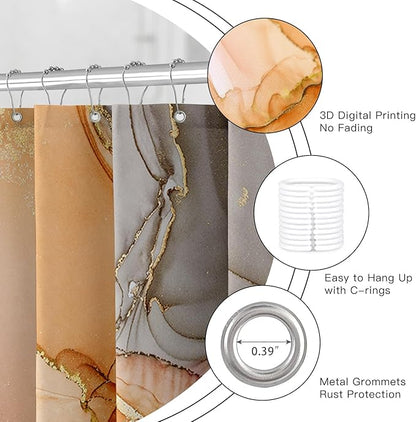 Orange Marble Shower Curtain, Burnt Orange Modern Abstract Fabric Shower Curtains for Bathroom, Luxury Art Ink Texture Watercolor Shower Curtain Set with Hooks 72x72