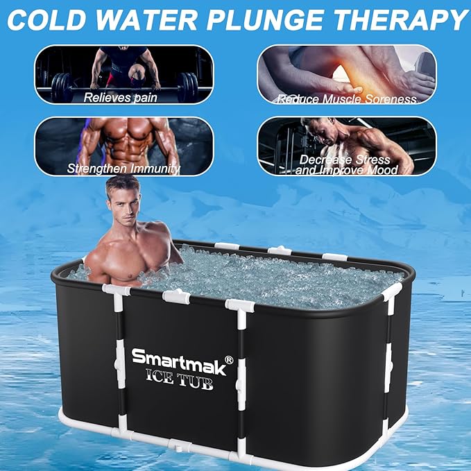 Smartmak Ice Bath Tub with Cover, Portable XL Large Cold Plunge Tub for Athletes, Cold Water Pod Tub Therapy and Recovery, Cold Immersion Training Baths at Home Outdoor Plunge Pool, Black