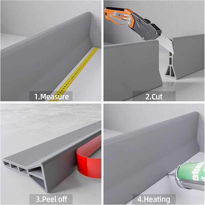 Raycity 3" High Shower Threshold Water Dam 118 IN Collapsible Shower Water Splash Guard for Curbless Shower Threshold Barrier Water Stopper for Wet and Dry Separation Bathroom and Kitchen (Grey)