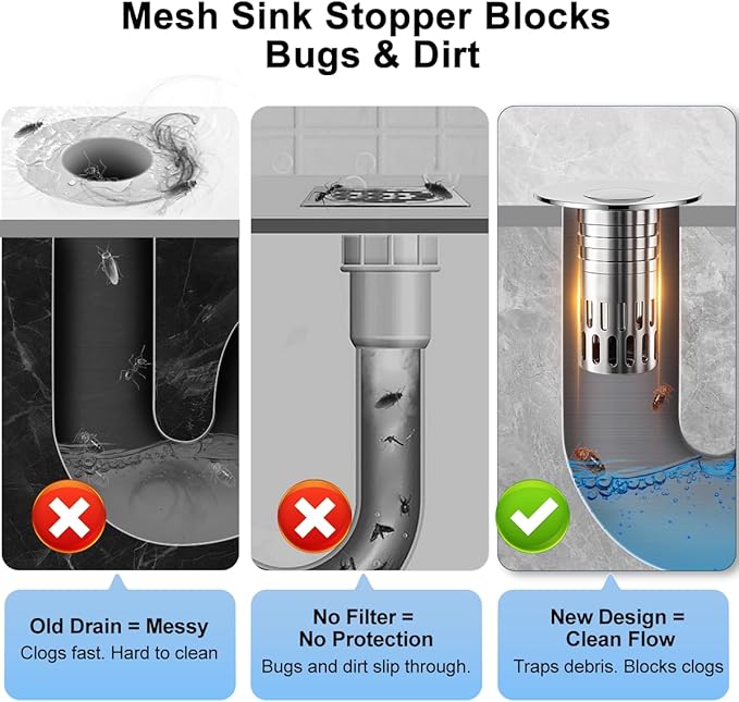 Bathroom Sink Stopper, Pop Up Drain for Bathroom Sink, Sink Plug Hair Catcher, Silent Popper Core with Removable Stainless Steel Filter Basket (Brushed Nickel, 2 Pack)