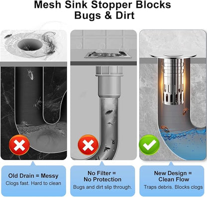 Bathroom Sink Stopper,Pop Up Drain for Bathroom Sink,Sink Stopper Hair Catcher,Silent Popper Core w/Removable Stainless Steel Filter Basket,Sink Drain Plug Fit for 1.05~2.0''Basin(All Metal)