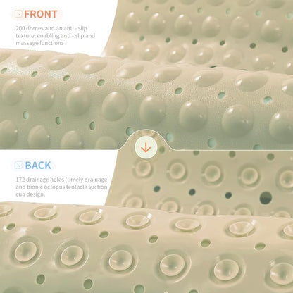 Anti-Slip Bathtub Shower mat, 39.3×15.7 inch（Approximately 100 × 40cm） Soft Oversized Machine Washable Non-Slip Bathtub mat with Drainage Holes, Bathroom Floor Suction Cup.（1-Opaque Khaki）