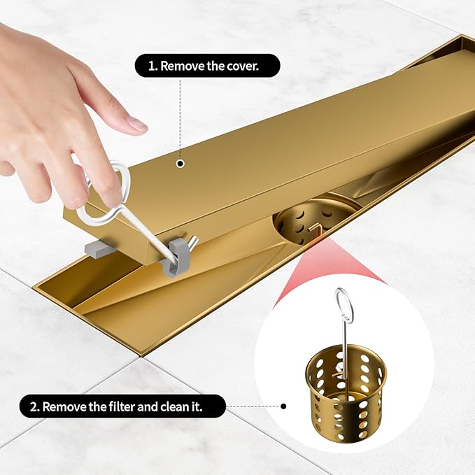 Linear Shower Drain, 304 Stainless Steel with Adjustable Leveling Feet, Hair Strainer,Reversely Install Place to Create an Invisible Floor Drain - Gold -24-Inch